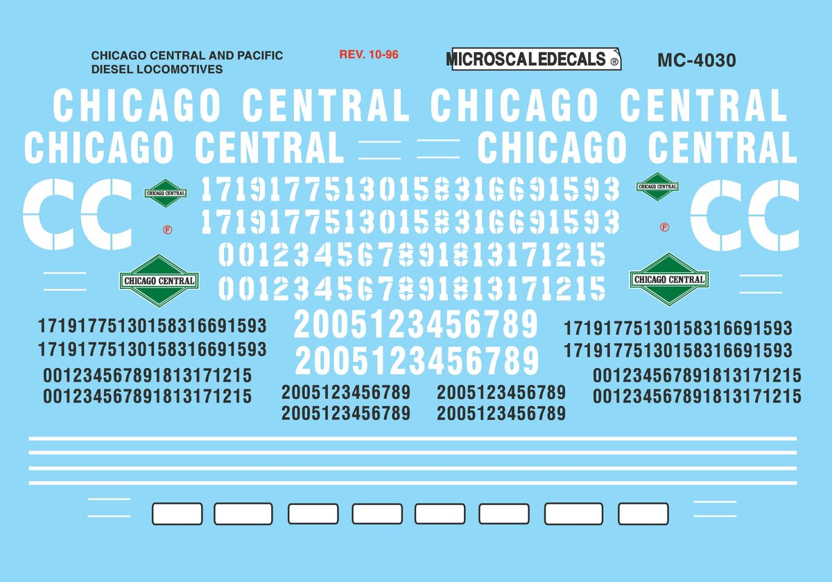 Microscale MC-4030 HO Chicago Centeral and Pacific Diesel Locomotive Decal Sheet