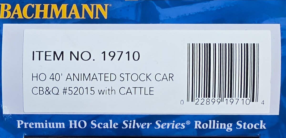 Bachmann 19710 HO CB&Q 40' Animated Stock Car with Cattle #52025