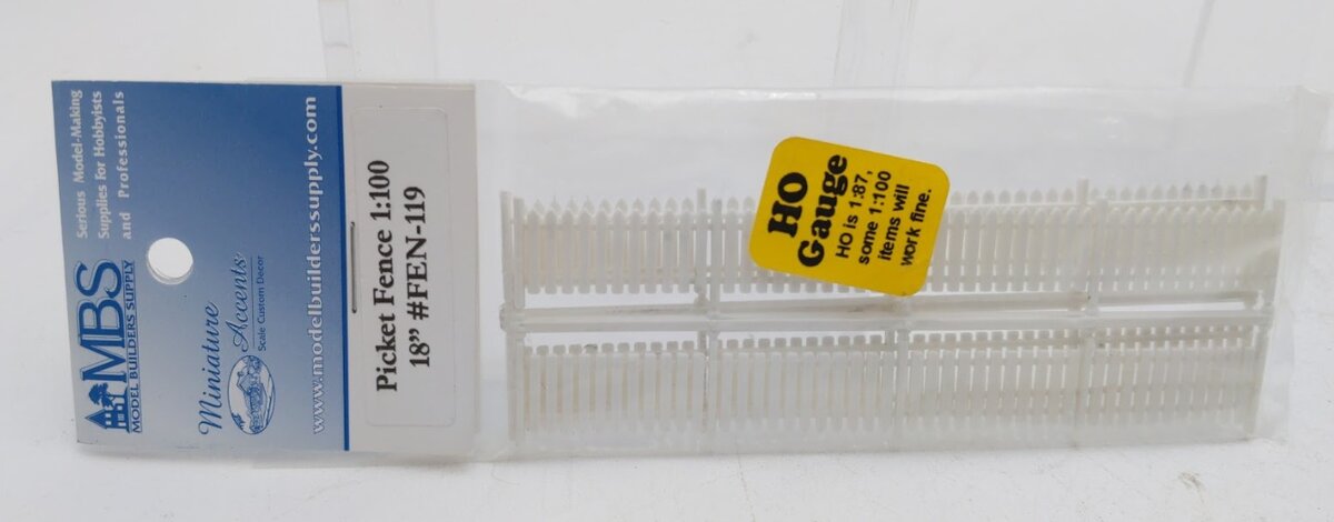 Model Builders Supply FEN-119 1:100 Picket Fence 18" White Plastic