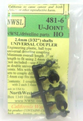 Northwest Short Line 481-6 HO Scale Universal Coupling U-Joint 2.4mm Shafts