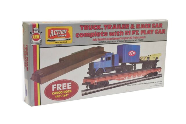 AHM 11105 HO Truck, Trailer and Race Car Complete With 51FT. Flat Car