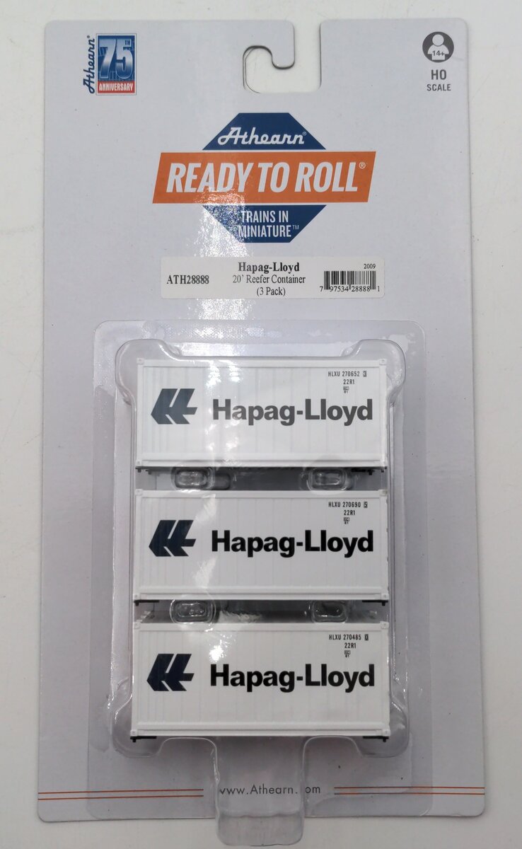 Athearn 28888 HO Scale Hapag-Lloyd 20' Reefer Container (Pack of 3)
