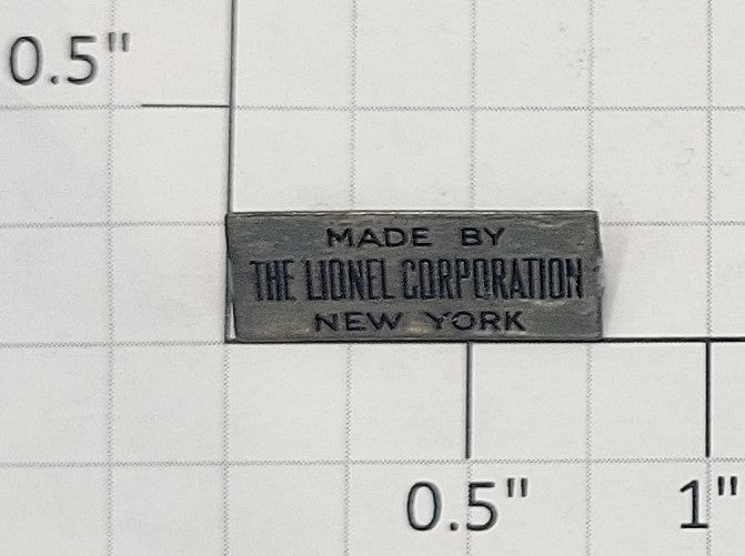 Lionel 260-25 Aluminum Black Letter Made by Lionel Nameplate with Tabs