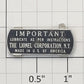 Lionel 224E-87 Collector Name Plate