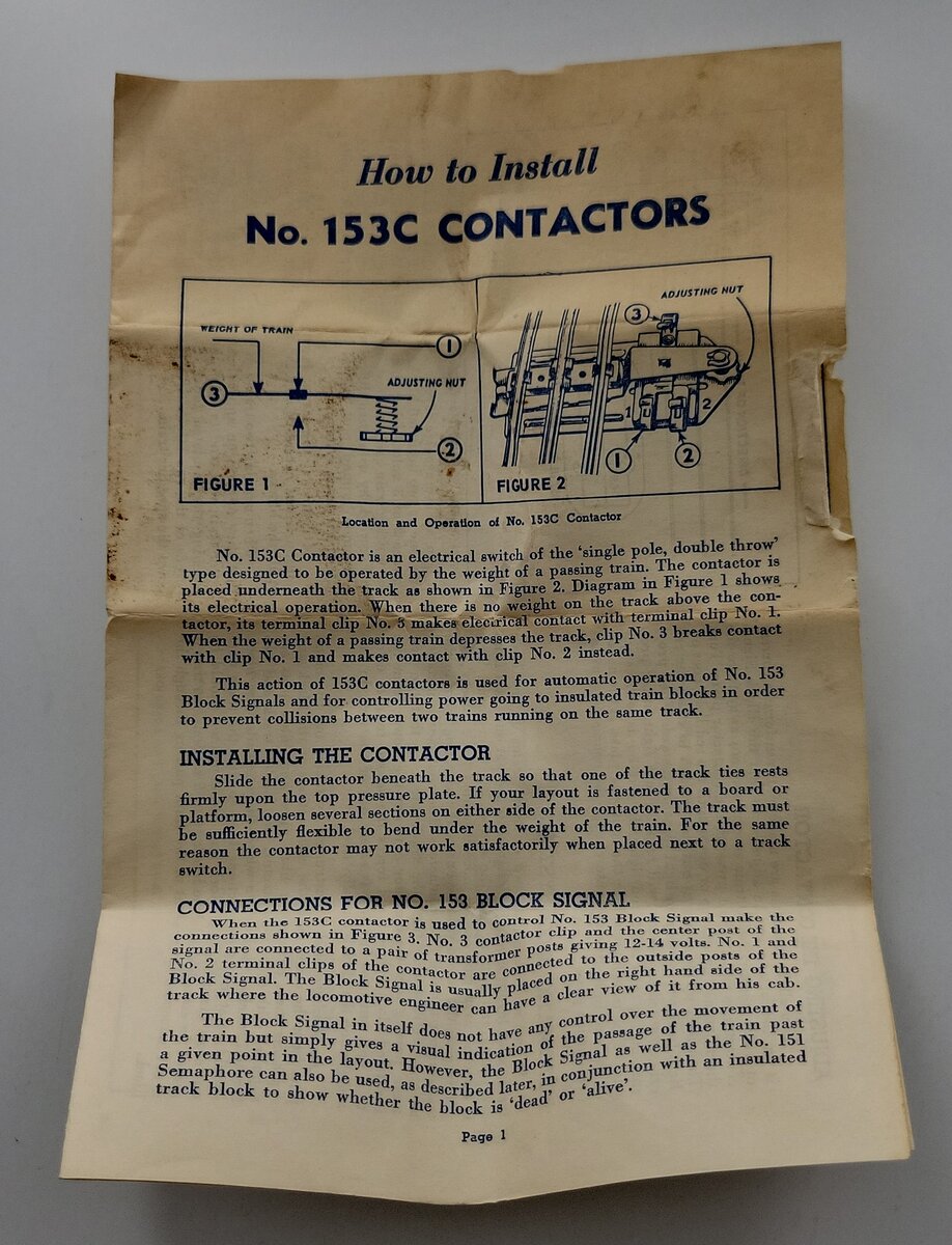 Lionel 153C-22 Contactor Track Trip Instructions (5-52)