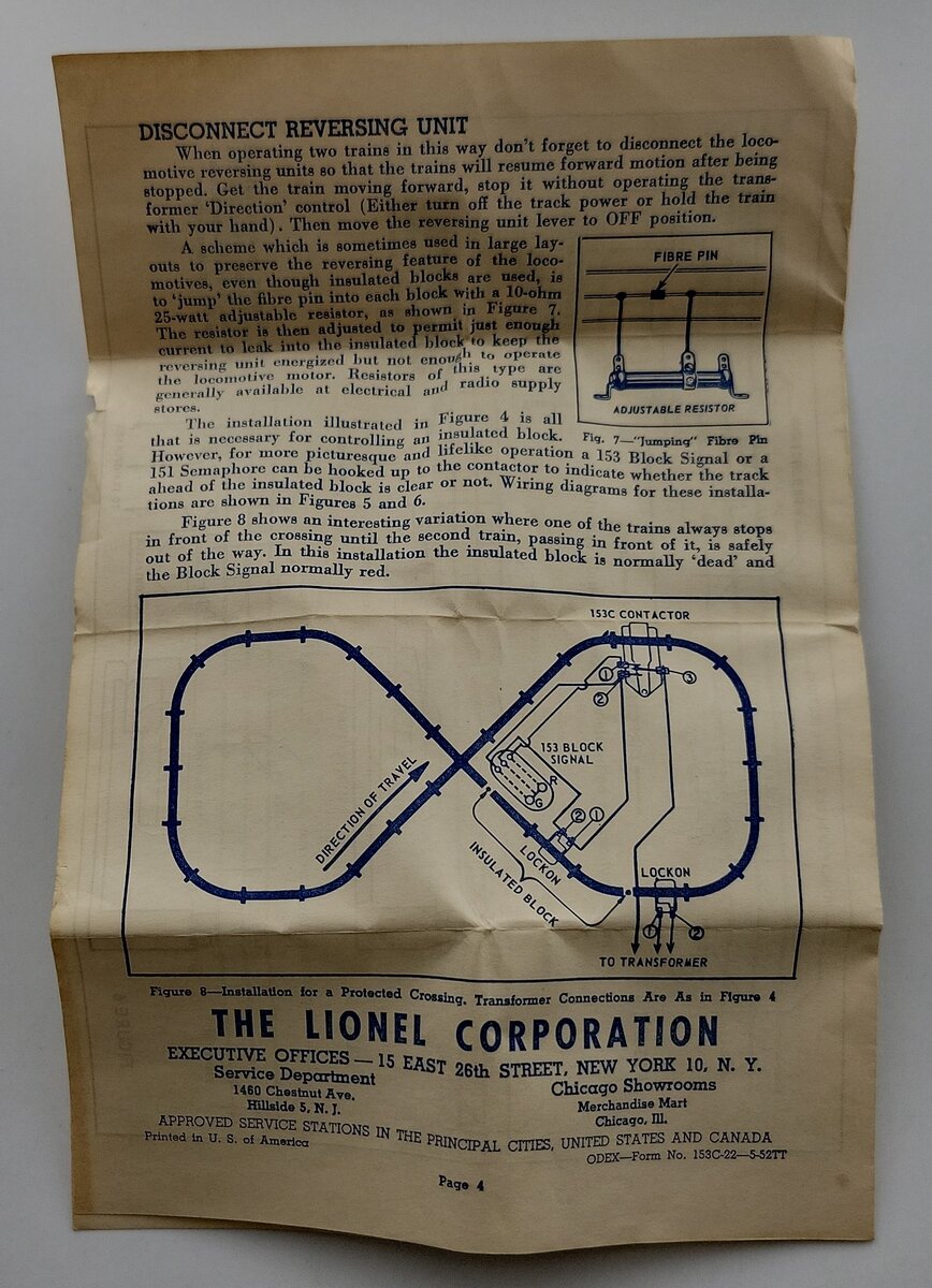 Lionel 153C-22 Contactor Track Trip Instructions (5-52)