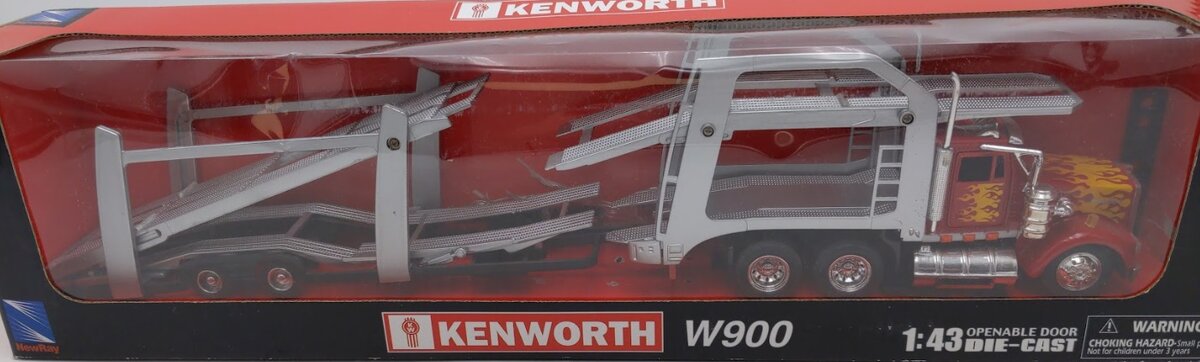 New-Ray 15213 1:43 Red W/Flames Kenworth W900 Semi Truck Auto Carrier Die Cast