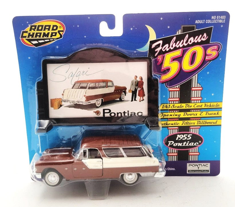 Road Champs 61403 1:43 Brown/Beige 1955 Pontiac Safari W/Billboard Fabulous 50s
