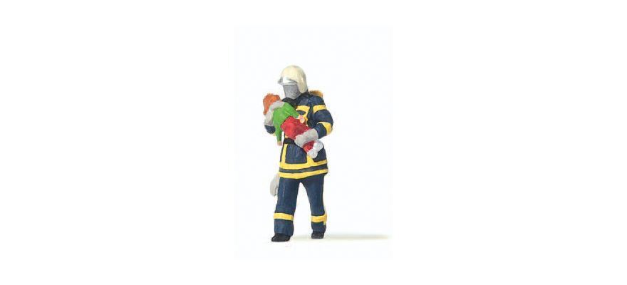 Preiser 28251 HO Blue Uniform Modern Firefighter Saving Child Figure