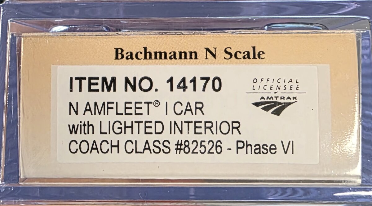 Bachmann 14170 N Amtrak Amfleet I Phase VI Lighted Coach Class Car #82526