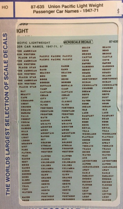 Microscale 87-635 HO Union Pacific Light Weight Passenger Car Names 1947-71Decal