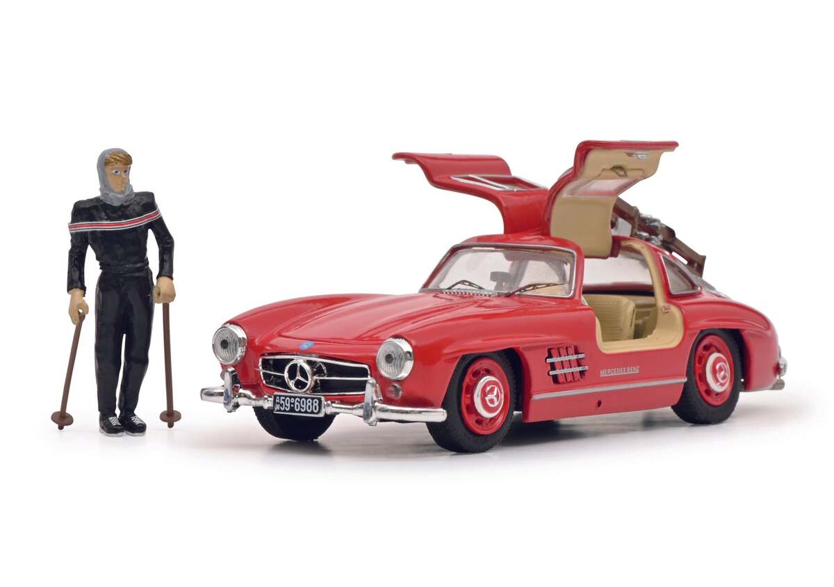 Schuco 450376600 1:43 Mercedes Benz 300 SL Diecast Car with Ski Figure
