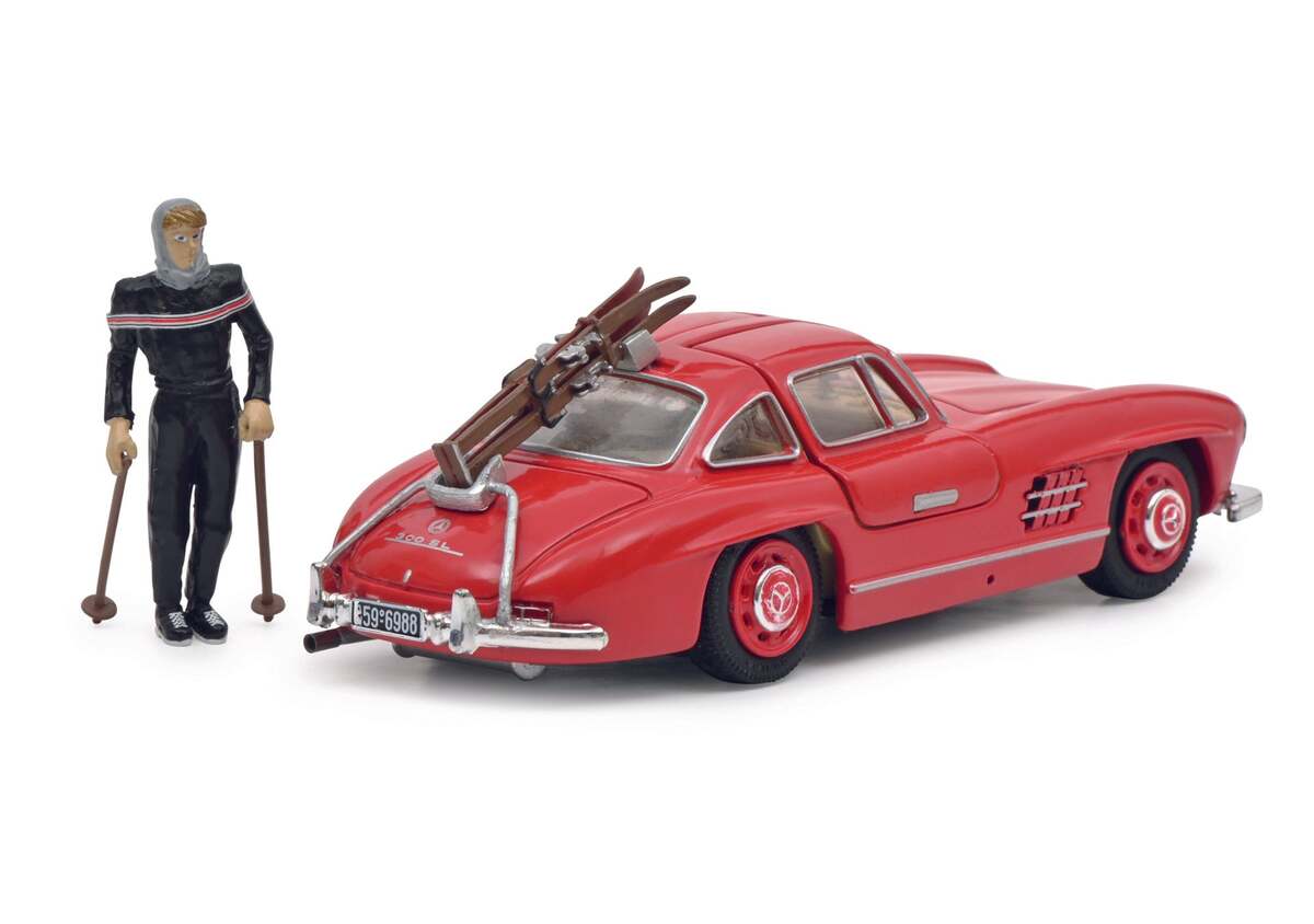 Schuco 450376600 1:43 Mercedes Benz 300 SL Diecast Car with Ski Figure