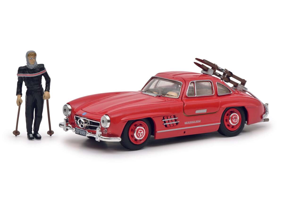 Schuco 450376600 1:43 Mercedes Benz 300 SL Diecast Car with Ski Figure