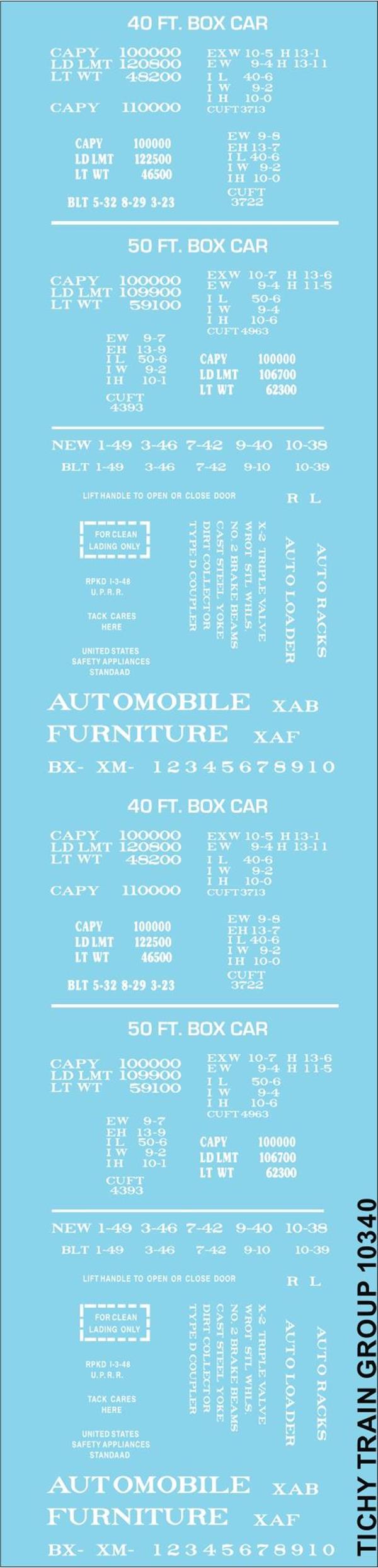 Tichy 10340N N 40' & 50' Boxcar Data White Railroad Decal Set