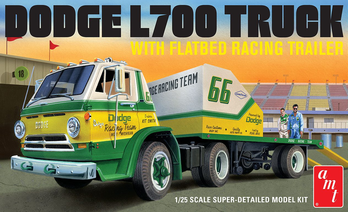 AMT 1368 1:25 1966 Dodge L700 Truck w/Flatbed Racing Trailer Plastic Model Kit