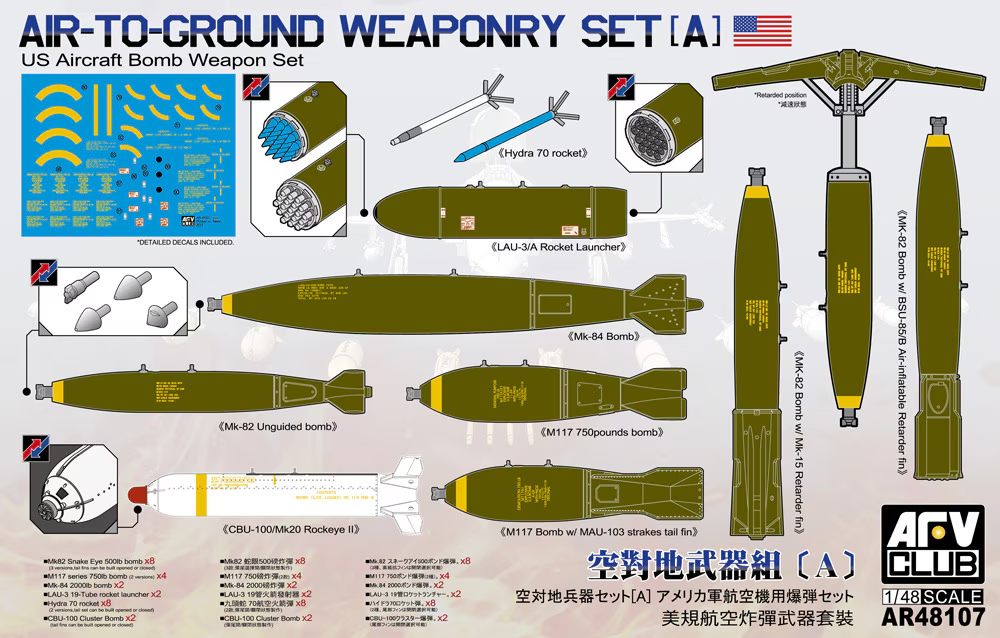 AFV Club AR48107 1:48 Air-to-Ground US Aircraft Bomb Weapon Set A Detail Parts