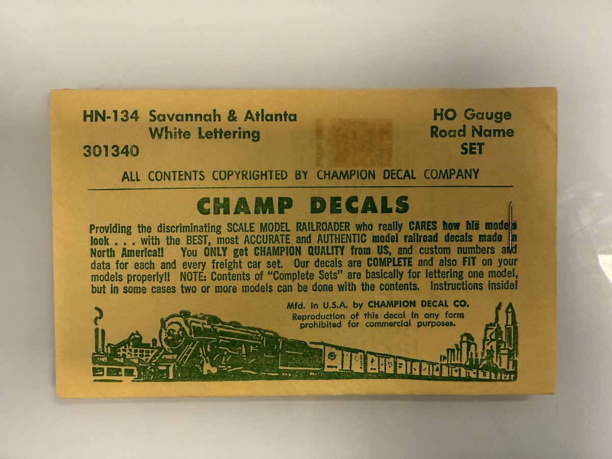 Champ Decals HN-134 HO Savannah & Atlanta Whithe Lettering Road Name Set