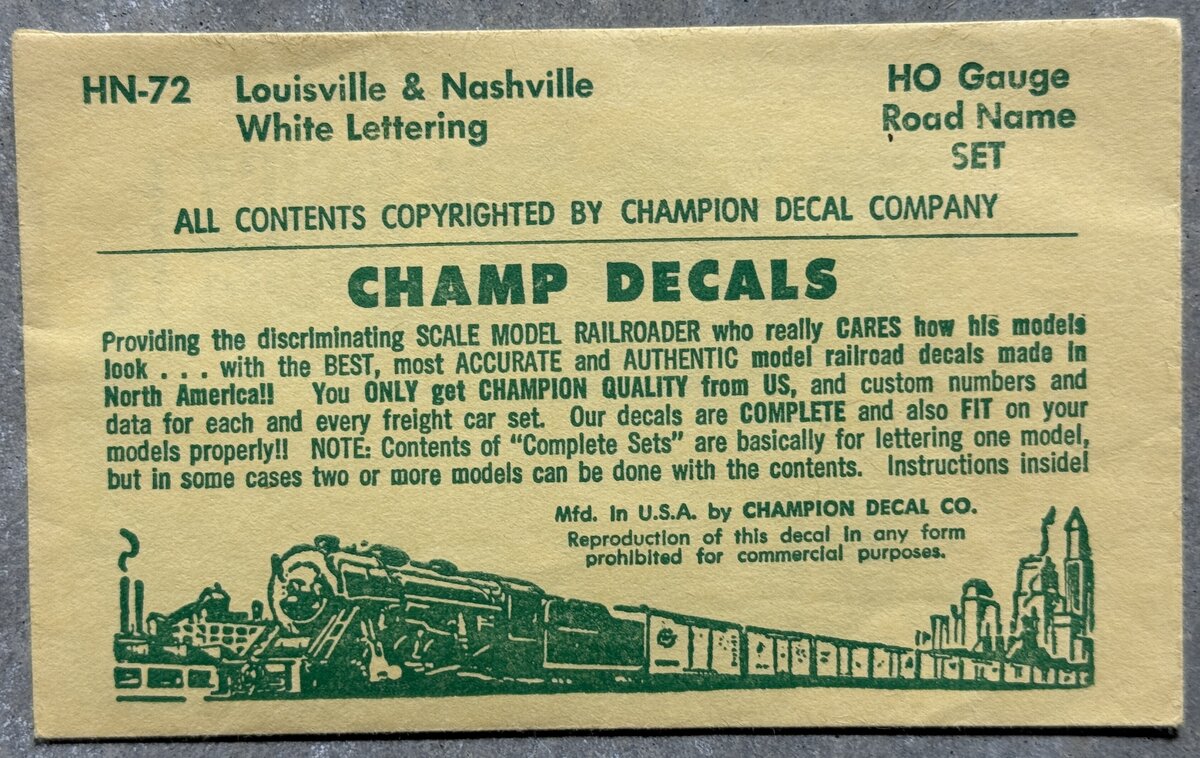 Champ Decals HN-72 HO Louisville & Nashville White Lettering Road Name Set