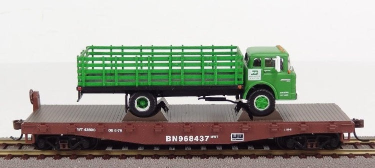 Athearn 92083 HO Burlington Northern 40' Flatcar # 968437 W/Ford C Stakebed LN/Box