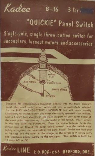 Kadee B-16 Quickie Panel Switch 16 Volts AC / DC