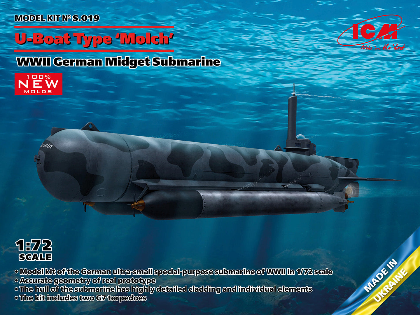 ICM S.019 1:72 U-Boat Type Molch German Submarine Plastic Model Kit