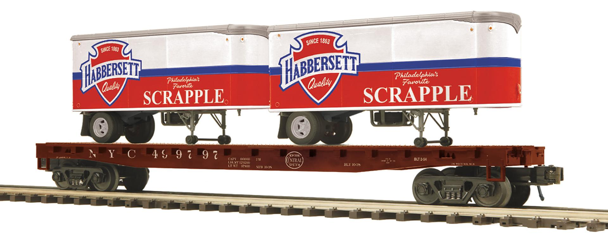 MTH 20-95556 O NYC Scrapple Flatcar with Pup Trailers #499797/499799