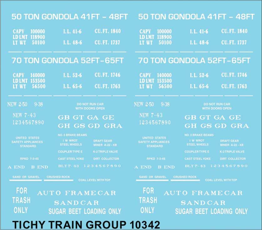 Tichy 10342N N Generic 41', 48', 52', 65' Steel Gondola White Data Decal Sheet
