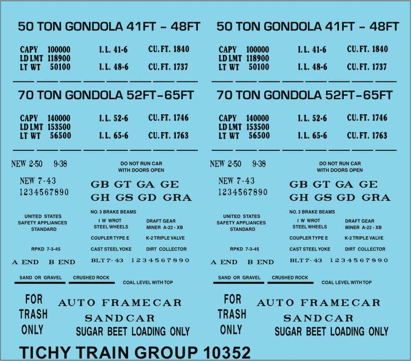 Tichy 10352N N Generic 41', 48', 52', 65' Gondola Black Data Decal Sheet