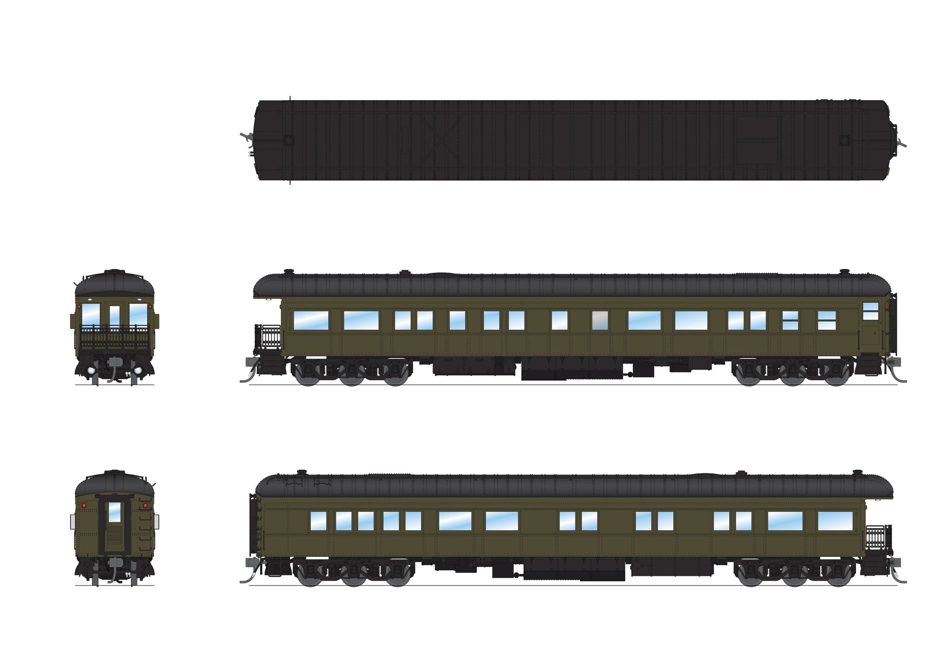 Broadway Limited 8961 HO Unlettered Pullman Green with Balloon Roof Business Car