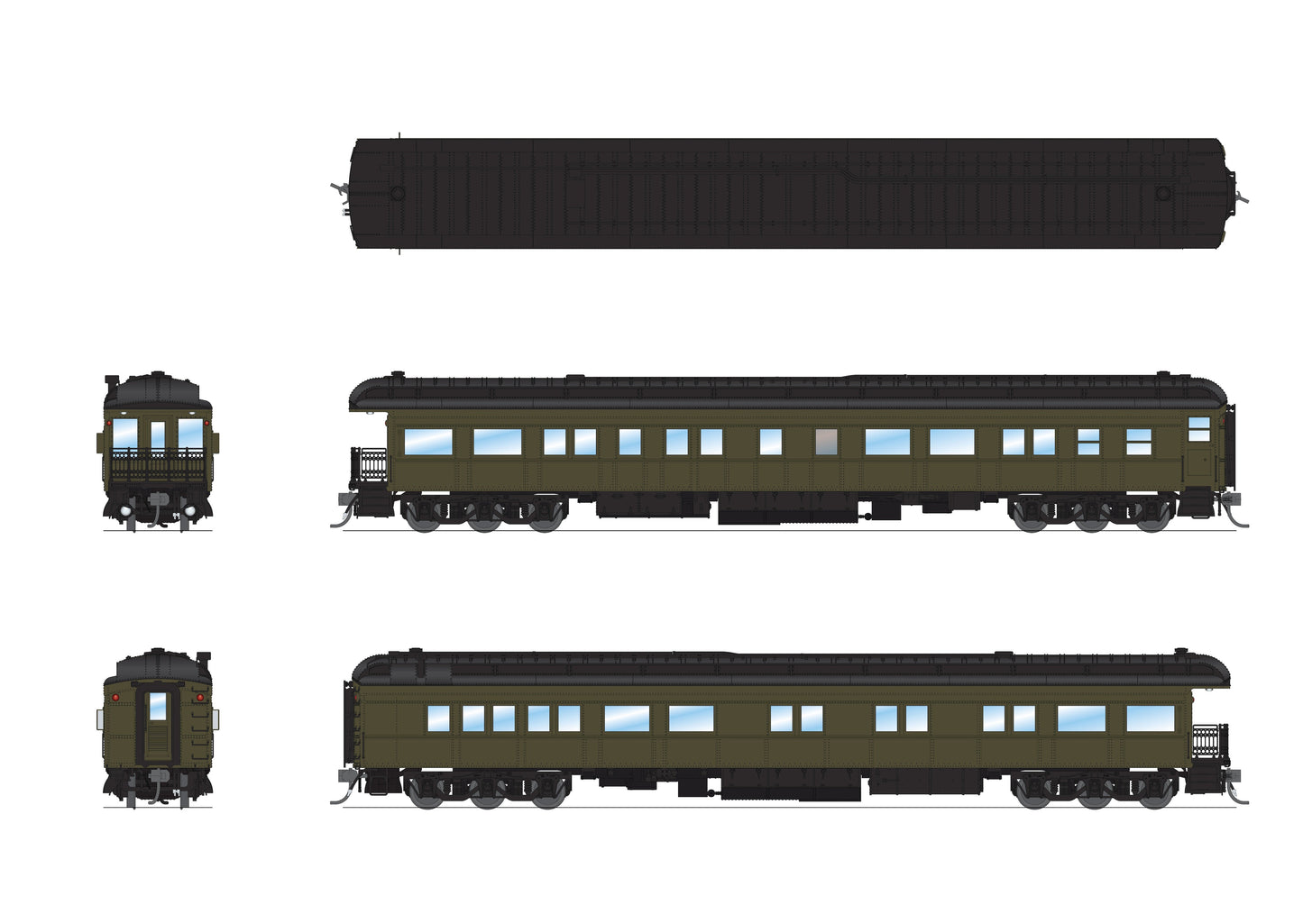 Broadway Limited 8960 HO Unlttrd Pullman Green with Clerestory Roof Business Car