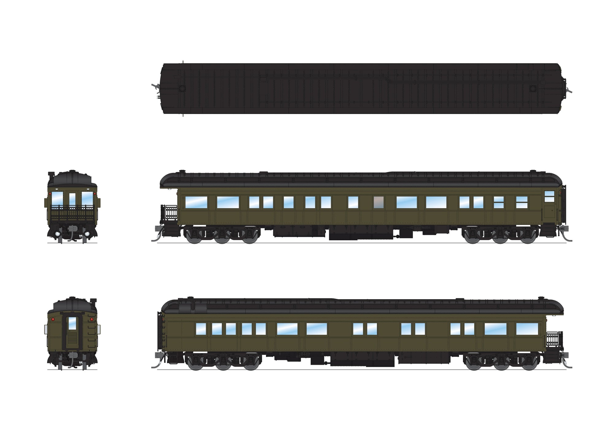 Broadway Limited 8960 HO Unlttrd Pullman Green with Clerestory Roof Business Car