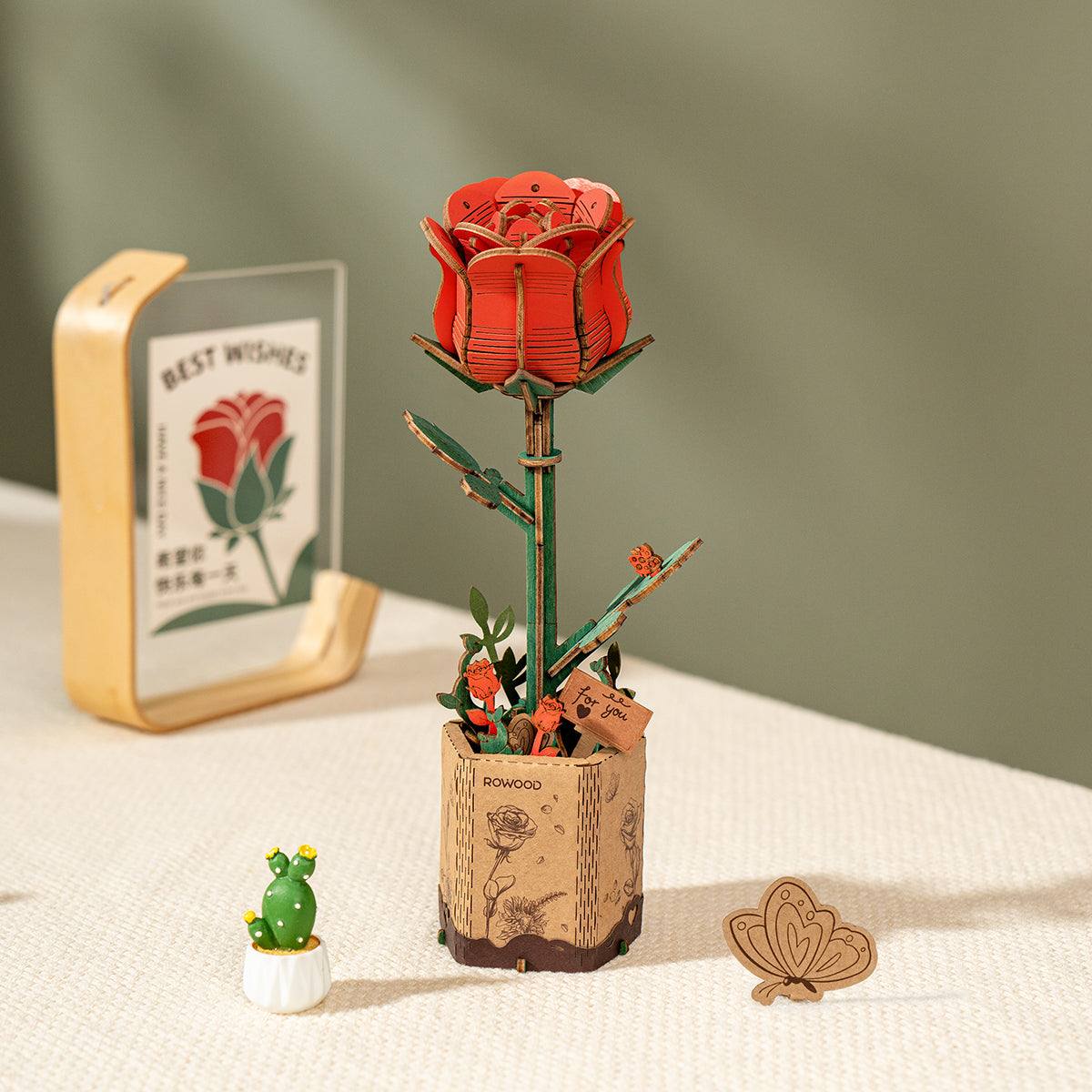 Robotime TW042 Rowood DIY Wooden Red Rose 3D Wooden Puzzle
