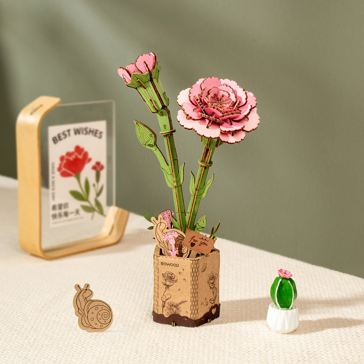 Robotime TW051 Rowood DIY Wooden Pink Carnation 3D Wooden Puzzle