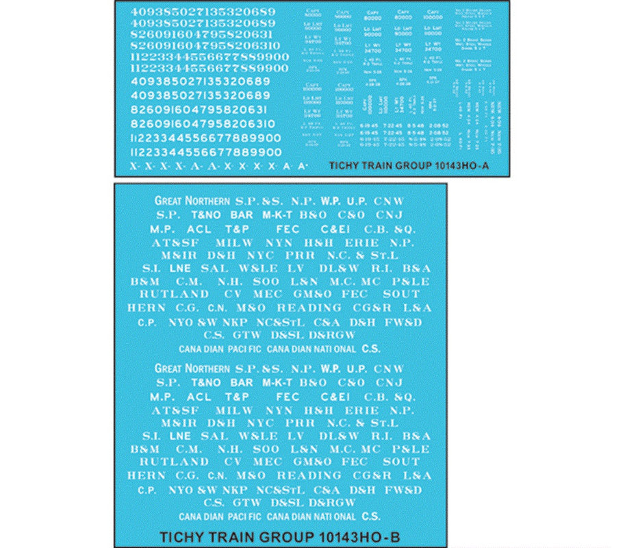 Tichy 10143N N Assorted 40' Flatcar Roadname White Data Lettering Decal Sheet