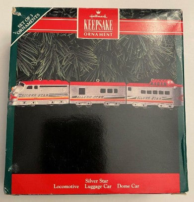Hallmark QX532-4 Locomotive, Silver Star Luggage Car, & Dome Car Ornament Set LN/Box