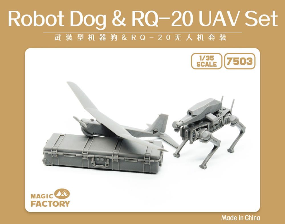 Magic Factory 7503 1:35 Armed Robot Dog & RQ-20 UAV Plastic Model Kit