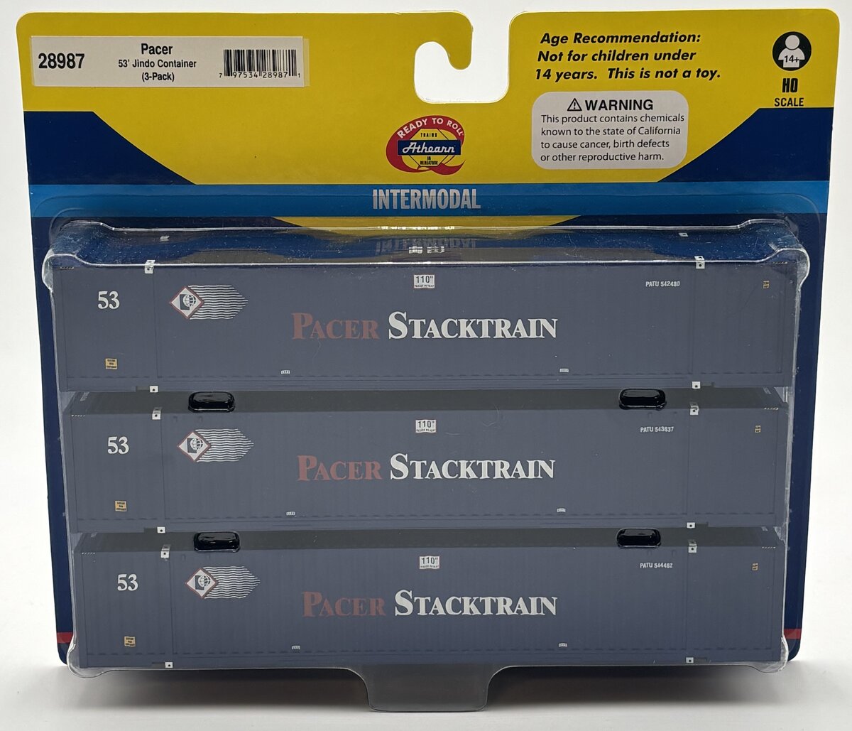 Athearn 28987 HO RTR Pacer 53'' Jindo Intermodal Containers (Pack of 3)