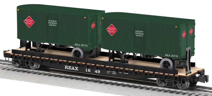 Lionel 2426730 O Railway Express Agency 50' TOFC Flatcar w/20' Trailers #1649