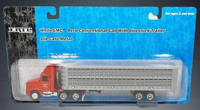 Ertl 4074 1/64  White GMC Aero Conventional Cab W/Livestock Trailer Die Cast