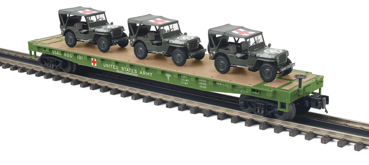 MTH 20-95675 O US Army Flatcar with 3 MASH Jeeps #609101/609109