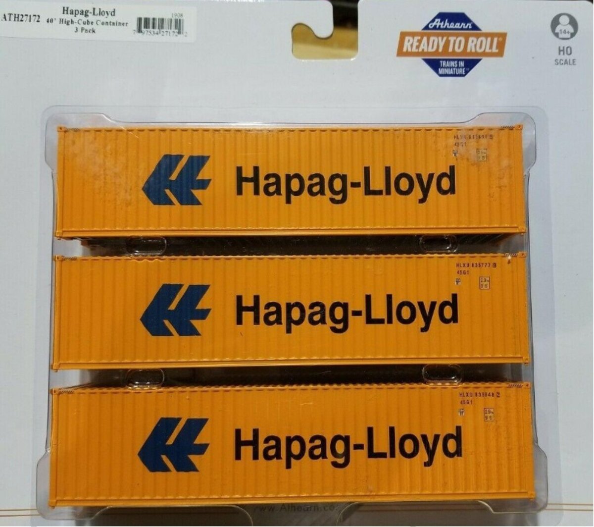 Athearn 27172 HO Scale Hapag-Lloyd 40'' High Cube Container (Pack of 3)