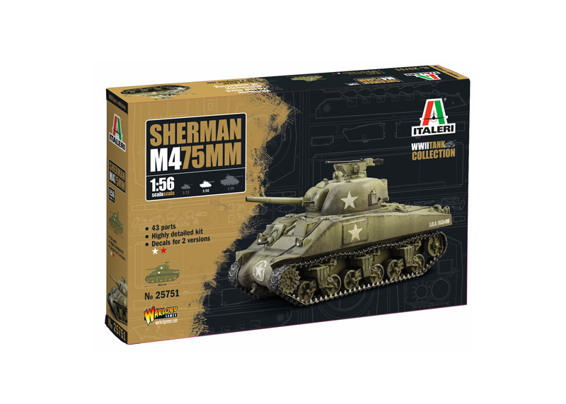 Italeri 25751 1:56 M4 Sherman 75mm Tank Plastic Model Kit