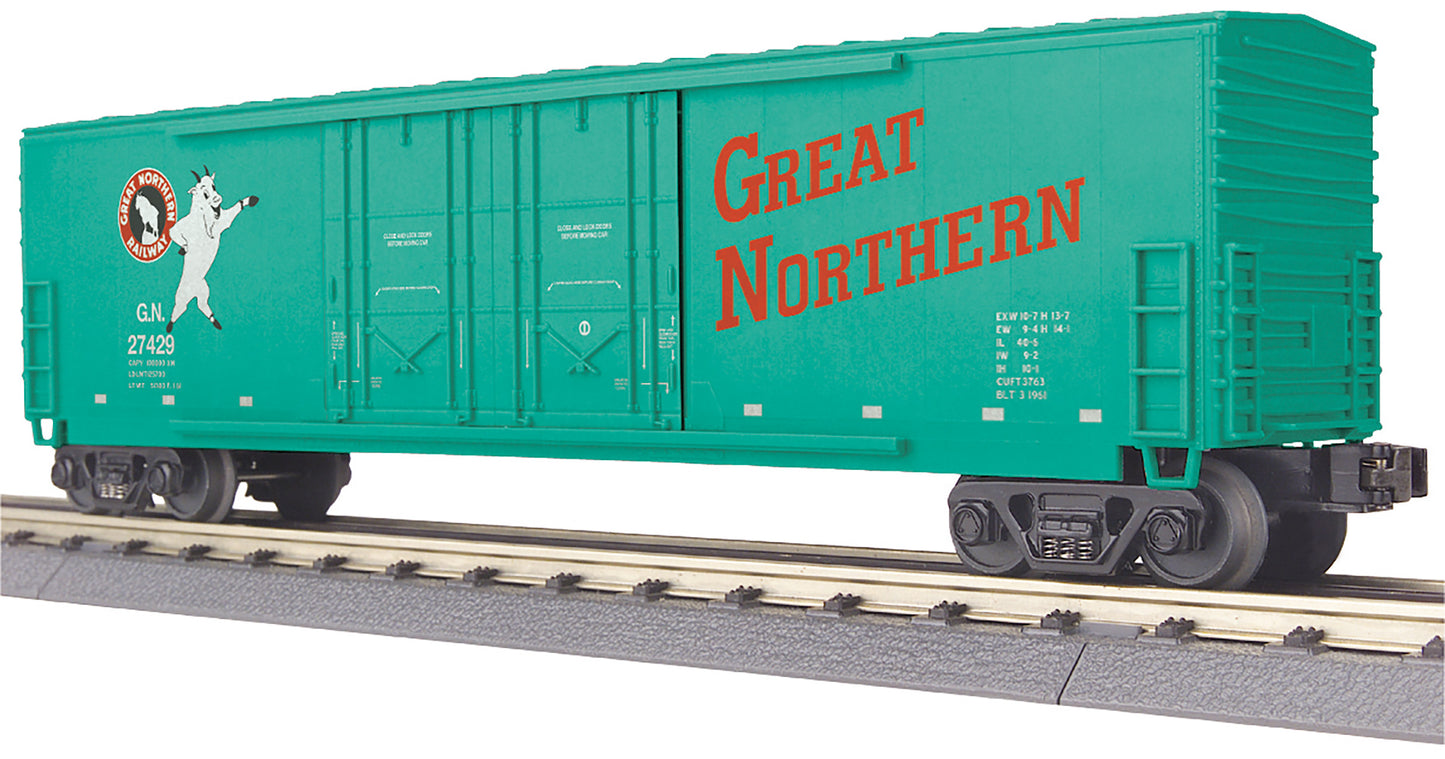 MTH 30-71177 O Great Northern RailKing 50' Double Door Plugged Boxcar #27429