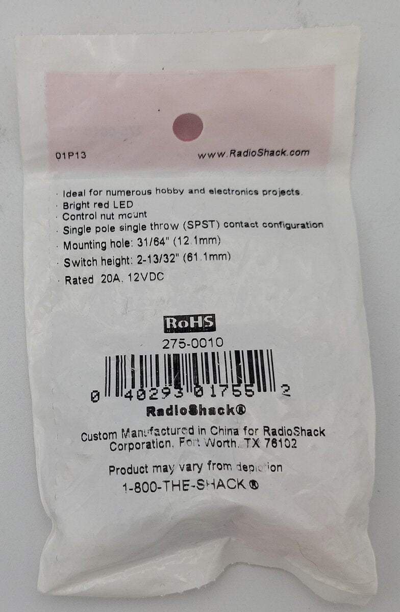 Radio Shack 2750010 SPST Red Flat Lever Illuminated On/Off Toggle Switch