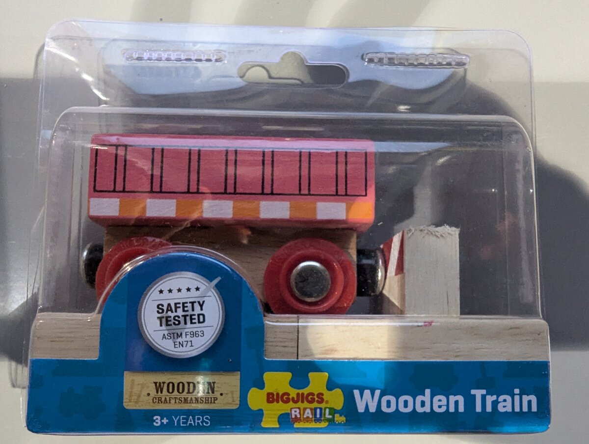 Big Jig Rails BJT484 Pink w/Orange Accents Wooden Train w/Wooden Stopper Track