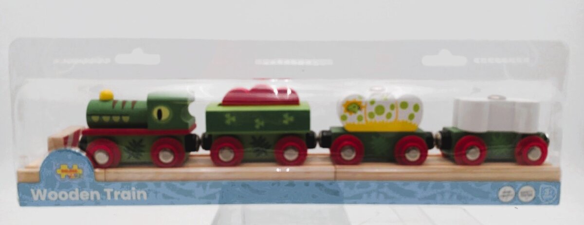 Big Jig Rails BJT465 Green Wooden Dinosaur Train w/Engine & Three Cars