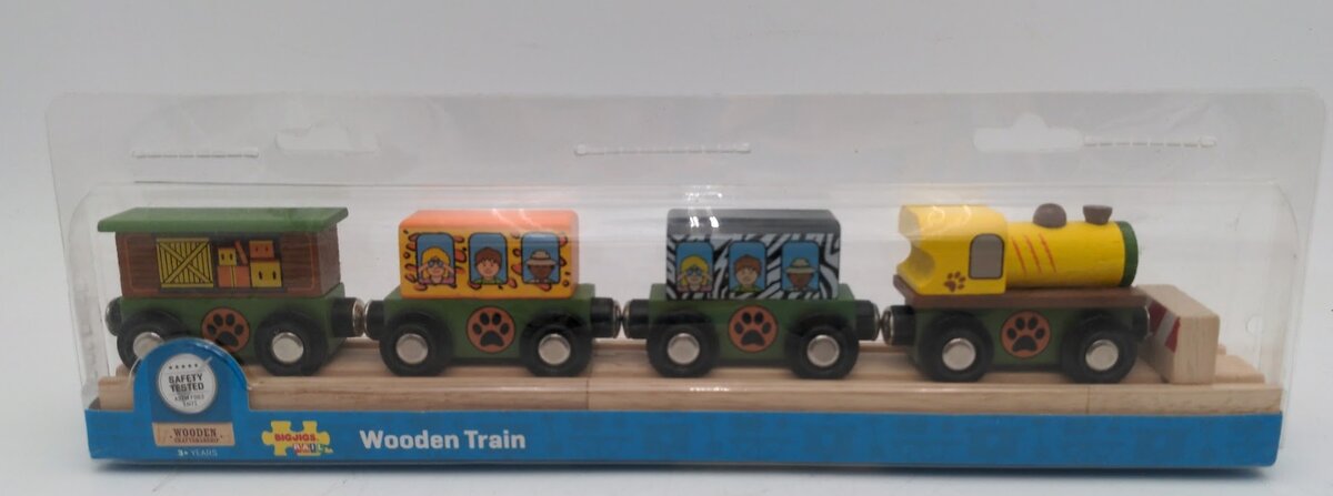 Big Jig Rails BJT481 Wooden Safari Train Set w/Engine & Three Cars