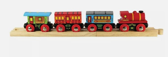Big Jig Rails BJT421 Wooden Passenger Train Set w/Engine & Three Cars
