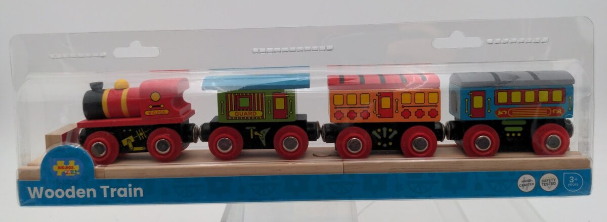 Big Jig Rails BJT421 Wooden Passenger Train Set W/Track / Engine & Three Cars